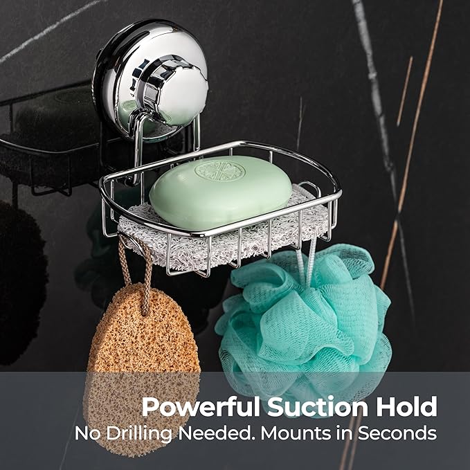 HASKO 2-Pack Suction Cup Soap Holder – Bar Soap Dish for Shower with Hooks for Bathroom – Optional Mounting with Adhesive Tape or Glue – Includes 2 Soap Savers – Polished Stainless Steel SS304
