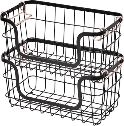 Amazon Basics Stackable Metal Wire Rectangular Storage Baskets for Kitchen, Bathroom or Pantry Organizing, 2 Count, Black