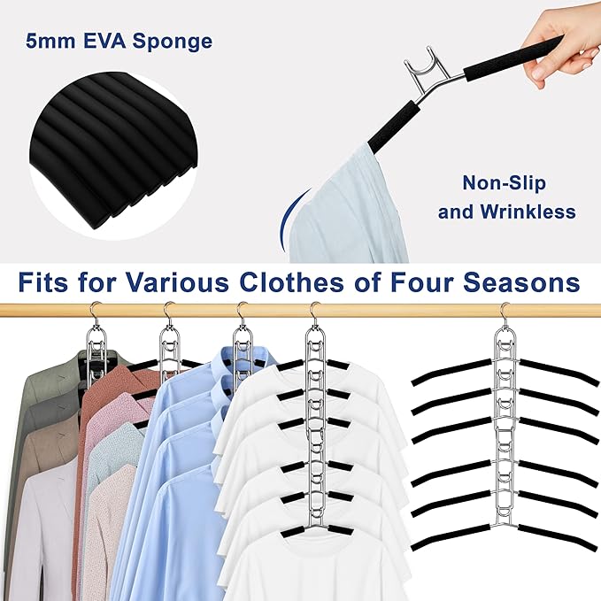 Clothes Hangers Space Saving, Newly Upgraded Detachable Shirt Hangers, 6-Tier Foldable Coat Hanger with 360° Swivel Hook for Closet Organizers and Storage Shirt,Sweater,Suit - 2 Pack, Patent Pending