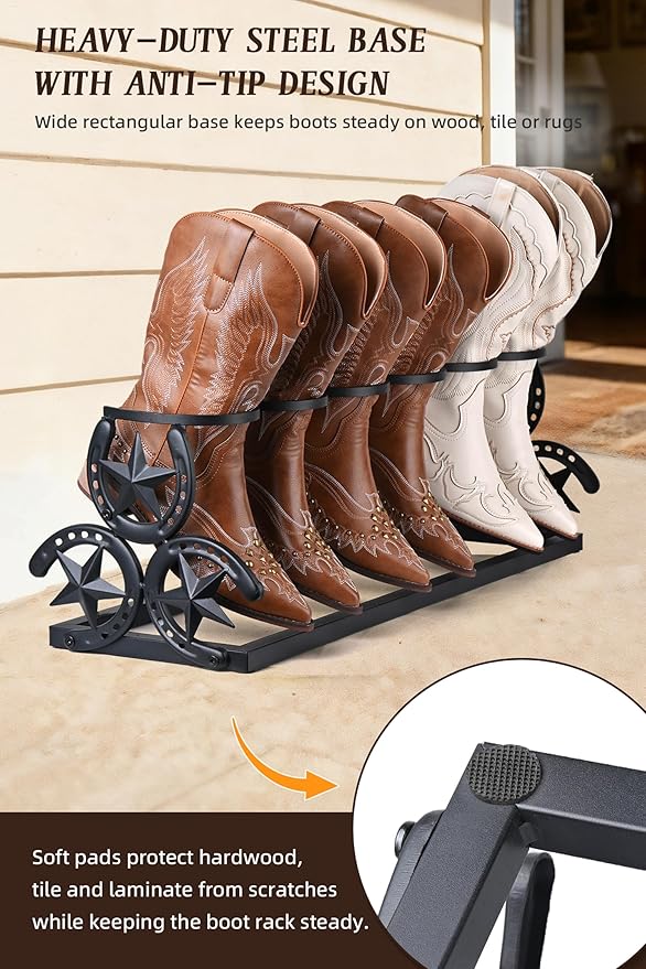 Western Horseshoe Boot Rack, Freestanding Metal Boot Stand for 3 Pairs, Adjustable Cowboy Boot Organizer with Texas Star Ends for Entryway or Mudroom, Gift for Cowboy Boot Lovers, Black