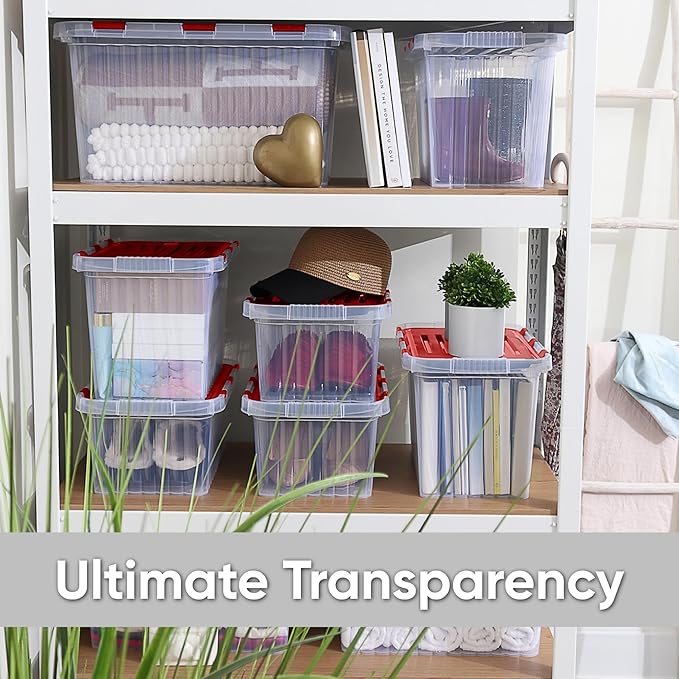 Superio Red Storage Box with Red Hinged Lids, Plastic Container Bins for Organizing with Attached Lid, Stackable Crates, BPA Free, Organizers for Home and Office, 53Quart (20.25"x14"x14.6")