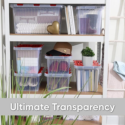 Superio Red Storage Box with Red Hinged Lids, Plastic Container Bins for Organizing with Attached Lid, Stackable Crates, BPA Free, Organizers for Home and Office, 53Quart (20.25"x14"x14.6")
