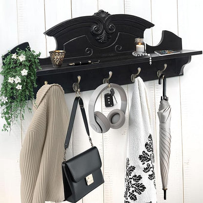 Felt Creative Home Goods Coat Hanger Wall Mount with Shelf Gorgeous 24" Farmhouse Coat Rack with 5 Hooks and Floating Shelf for Entryway, Jackets, Robes, Purses, Keys (Solid Black Pine)