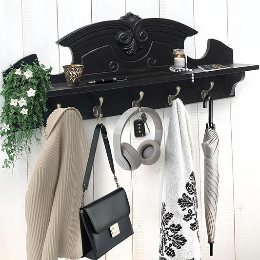 Felt Creative Home Goods Coat Hanger Wall Mount with Shelf Gorgeous 24" Farmhouse Coat Rack with 5 Hooks and Floating Shelf for Entryway, Jackets, Robes, Purses, Keys (Solid Black Pine)