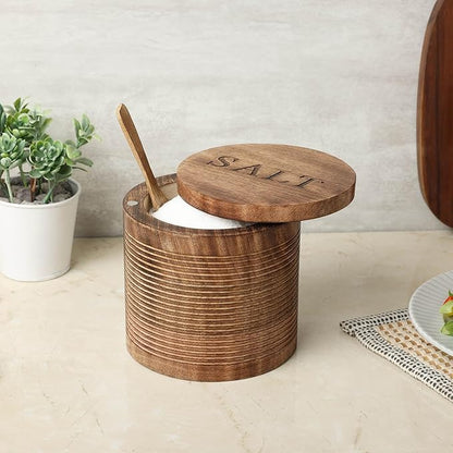 dudki Wooden Salt Box (5 inch x 5 inch) with Magnetic Lid With Wooden Spoon| 800 ML Round Container| Bowl Pot Jar | Textured Salt Box| Kitchen Home| Seasonings