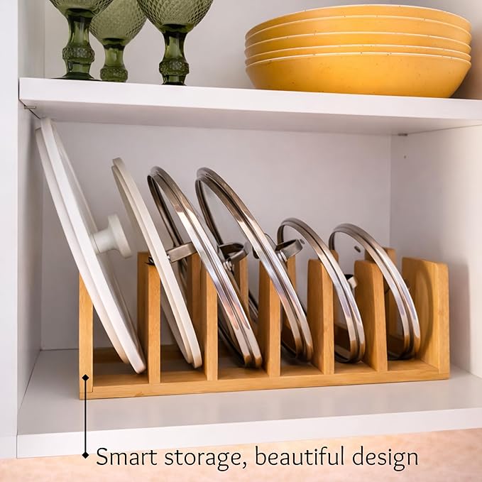 Piporea Natural Bamboo kitchen cabinet organizer – Multiuse lid organizers inside cabinet for cookware, bakeware & cutting boards – Durable pot and pan organizer for under cabinet