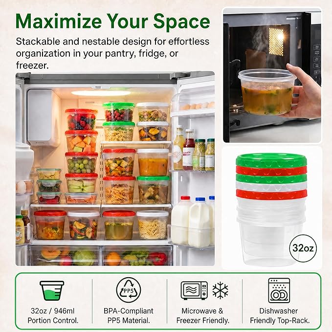 EONJOE 32oz Plastic Containers with Lids,Reusable Freezer Meal Prep Food Leftover Storage Jars Bowls Stackable,12-pack