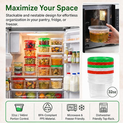 EONJOE 32oz Plastic Containers with Lids,Reusable Freezer Meal Prep Food Leftover Storage Jars Bowls Stackable,12-pack