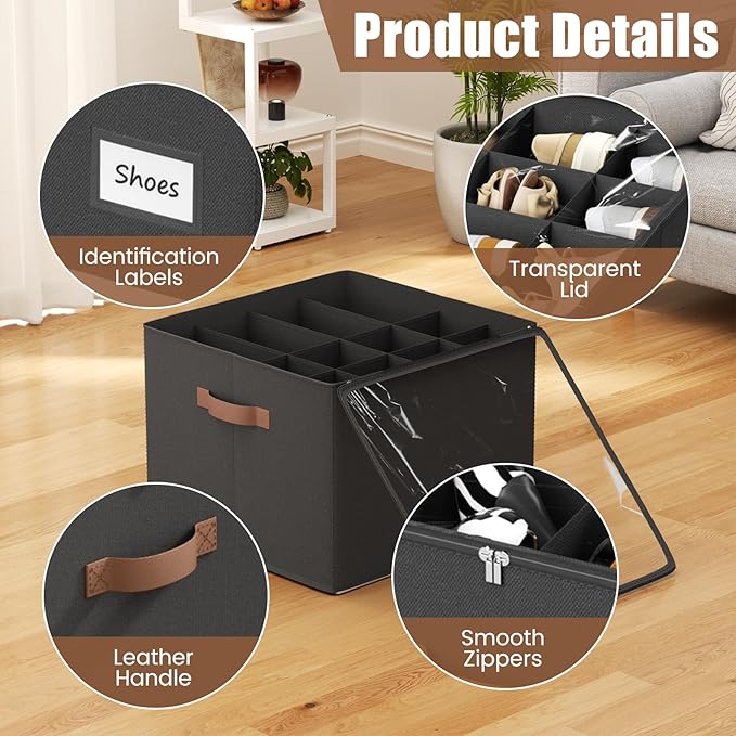 PHINOX Shoe Organizer for Closet, 2 Pack Fabric Shoe Organizer Storage Box, Shoe Storage Containers with Clear Cover, Closet Shoe Storage for Boots Sandals Slippers,Fits 16-32 Pairs, Black