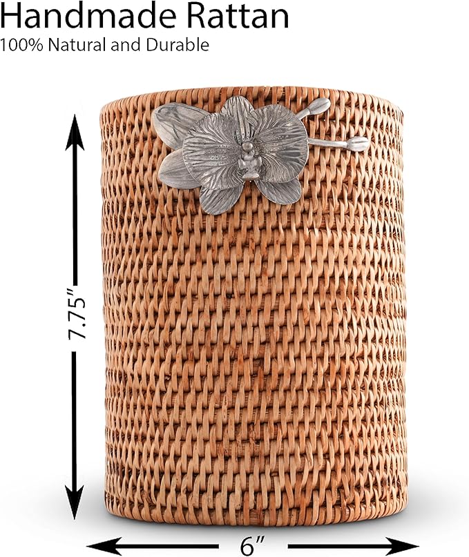 Vagabond House Wicker Rattan Utensil Holder, 8 Inches Tall, Large Kitchen Organizer with Pewter Orchid, Woven Boho Decor for Practicality and Style