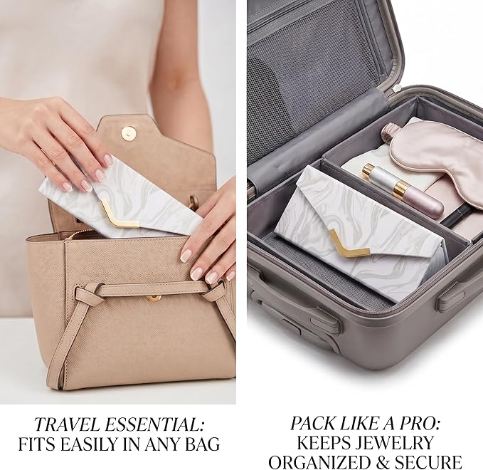 2-in-1 Travel Jewelry and Glasses Organizer, Foldable Case for Necklaces, Earrings, Rings, Bracelets, Pink Marble (White)