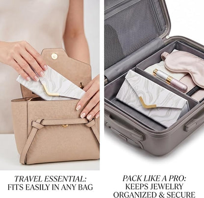 2-in-1 Travel Jewelry and Glasses Organizer, Foldable Case for Necklaces, Earrings, Rings, Bracelets, Pink Marble (White)