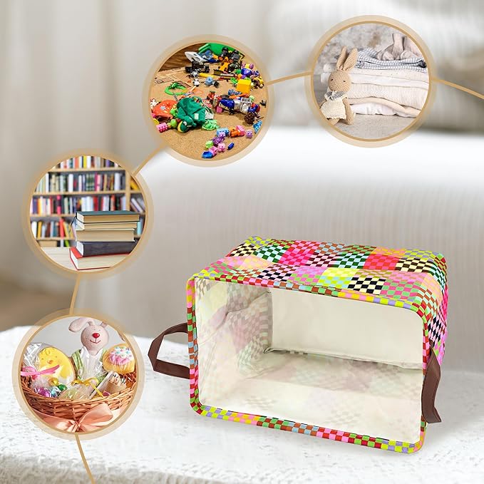 Colorful Checkered Storage Basket Waterproof Canvas Toy Storage Bin Checkered Home Decor Collapsible Outdoor Basket with Leather Handles Blanket Baskets For Closets,Bedrooms,Classroom,Gifts Baskets