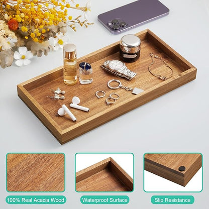 ALELION 13" Bathroom Vanity Tray for Counter - Acacia Wood Decorative Tray for Toilet Tank Makeup Perfume Jewelry Catchall Coffee Table - Wooden Kitchen Countertop Organizer for Soap Dispenser
