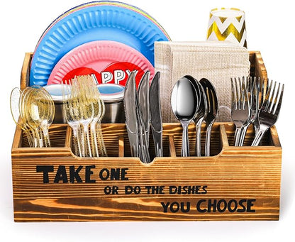 Frcctre Paper Plate Organizer for Countertop, 8 Compartments Rustic Kitchen Utensil Dispenser Wood Silverware Caddy Organizer for Plates, Cups, Forks, Spoons, Napkins