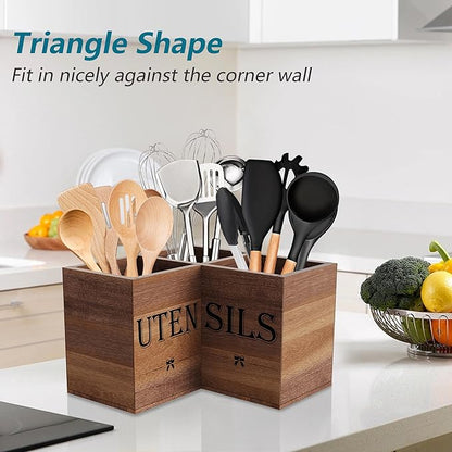 Suli Extra Large Kitchen Utensils Holder with 3 Compartments,Corner Utensil Caddy for Countertop,Acacia Wood Utensil Organizer for Kitchen Countertop, Farmhouse Decor-Acacia Brown