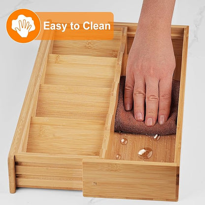 Bamboo Kitchen Drawer Organizer, Expandable Silverware Organizer, Utensil Holder, Cutlery Tray Spoon Flatware Storage with Drawer Dividers