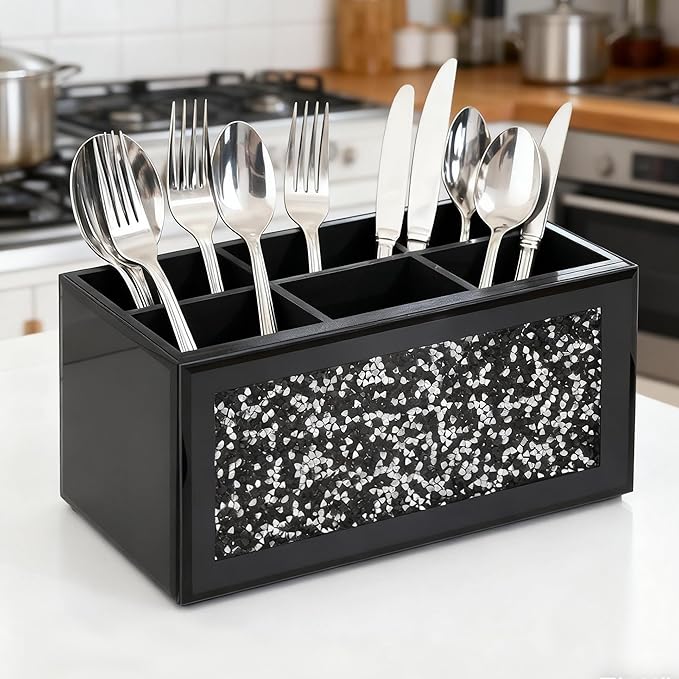SHYFOY Silverware Holder, Kitchen Utensil Caddy with 6 Compartments, Cutlery Storage Organizer Countertop, Flatware Organizer for Party, Spoon, Fork Holder, Black