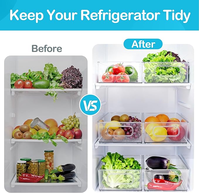 LotFancy Refrigerator Organizer Bins, 4 Pack,10x6x3 in, BPA Free Clear Plastic Storage Bins for Pantry Organization, Stackable Containers with Handles for Fridge, Kitchen Drawer, Freezer, Cabinet