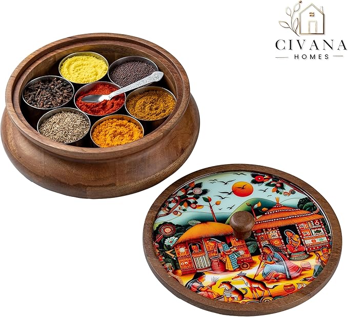 Wooden Spice box for kitchen with spoon, Mango wood box with 7 Steel containers | Masala box for kitchen | Masala Dani | Best Gift (Red Masala Box)