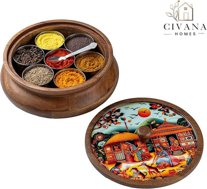Wooden Spice box for kitchen with spoon, Mango wood box with 7 Steel containers | Masala box for kitchen | Masala Dani | Best Gift (Red Masala Box)