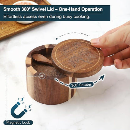 Timtopno Salt Cellar, 2PCS Salt Container Acacia Wood Salt and Pepper Box for Countertop with Built-in Spoon & Swivel Lid, Wood Salt Holder Bowl for Kitchen, Seasoning Storage (Rose & Bird Engraving)