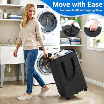 Laundry Basket with 5 Wheels, Tall Dirty Laundry Hamper, Rolling Laundry Basket with Lid, Large 90L Collapsible Clothes Hamper for Laundry Room Bedroom Bathroom Dorm, Dark Gray