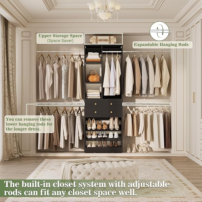 Besiost Closet System, 4.2–8.8 FT Closet Organizer with 2 Wooden Drawers and Shelves, Walk-in Closet System with 5 Hang Rods, Built-in Reach in Closet Tower, Can Fit 60 to 96 inch, Black