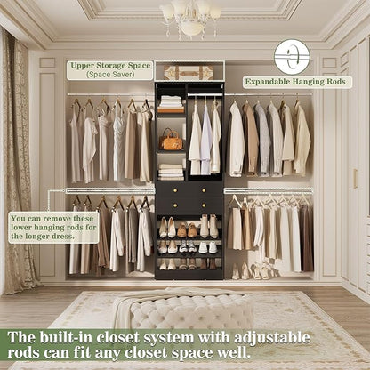 Besiost Closet System, 4.2–8.8 FT Closet Organizer with 2 Wooden Drawers and Shelves, Walk-in Closet System with 5 Hang Rods, Built-in Reach in Closet Tower, Can Fit 60 to 96 inch, Black