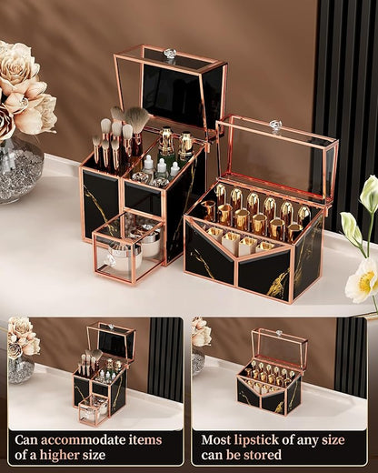 CoralHouse black makeup organizer – Vanity Holder with 18-Slot Lipstick Organizer & Covered Makeup Brush Holder – Skincare, Perfume & Cosmetic Display for Bathroom or Dresser