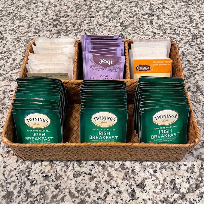 YANGQIHOME Tea Bag/Sugar Packet Holder, Coffee Station Condiment Organizer, Seagrass Storage Basket, Wicker Rattan Divided Basket Organizer for Drawer/Shelf/Countertop