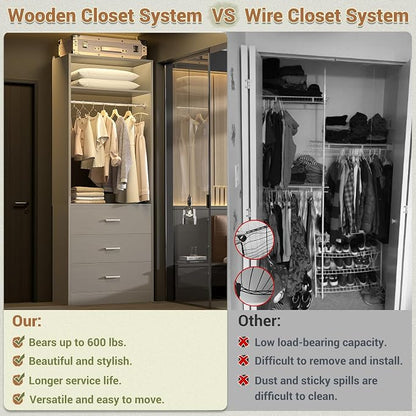 Besiost Closet System Set of 4, 8FT Closet Systems with 12 Wood Drawers, 96" Closet Organizer System with 4 Hanging Rods & 4 Shelves, Heavy Duty 96 Inch Walk-in Closet, Grey (96"L x 15" W x 80" H)