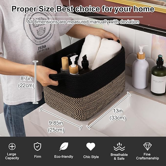 OIAHOMY Woven Storage Basket for Shelves, Rectangle Cotton Rope Baskets for Organizing, 13 x 10 x 9 in, Storage Bins for Dog Toys,Towel,Books,Gift,Black and Brown