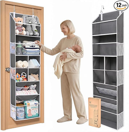 6-in-1 Over Door Hanging Organizer, Versatile Storage Over Door Organizer with 12 Mesh Pockets, 44 lbs Weight Capacity Hanging Storage Organizer for Bedroom, Bathroom,Behind Door,Deep Gray