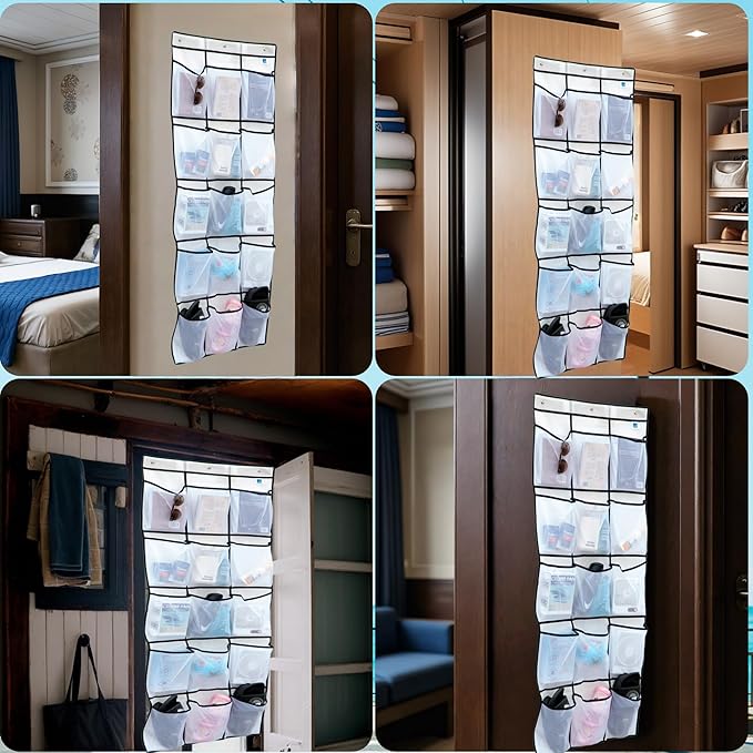 Cruise Magnetic Door Organizer with Hooks, Over the Door Organizer for Cruise Ship Cabins, 15 Mesh Pockets, Magnetic Shoe Organizer, White, 60 x 24 in