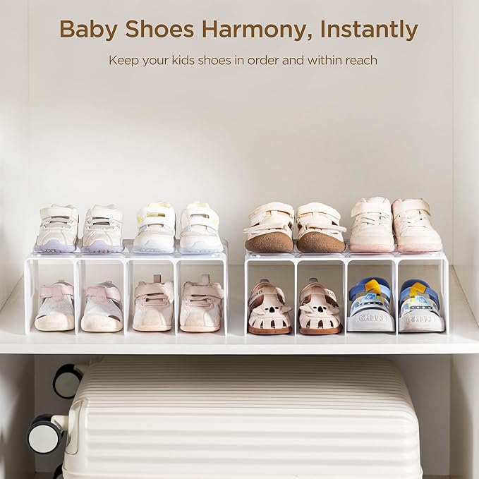 HBlife White Acrylic Kids Shoe Rack for Closet Organizers and Storage, Small Shoe Rack 4 Sections Toddler Baby Shoe Storage Organizer Stackable Shoe Shelf,Desk File Sorter Book Purse Organizer(2 Pack)