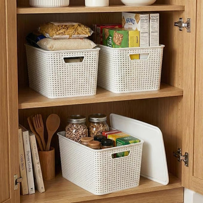 BINO | Plastic Storage Baskets with Lids, 22 Liter - 3 Pack, White | THE WOVEN COLLECTION | Storage Basket for Shelves | Woven Storage Baskets for Organizing Bins Pantry Shelf Organizer Container Bin