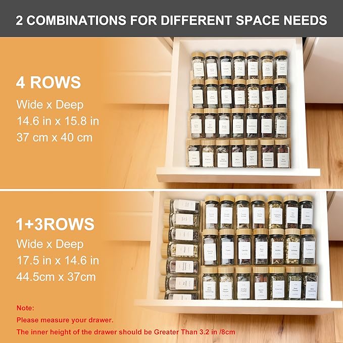 Spice Drawer Organizer with 35 Bamboo-lidded Spice Jars,216 Labels,25 Non-slip Rubber, Bamboo 4 Tier Seasoning Rack Tray Insert for Kitchen Drawers,Cabinets,Countertop,14.6" Wide x 15.8" Deep
