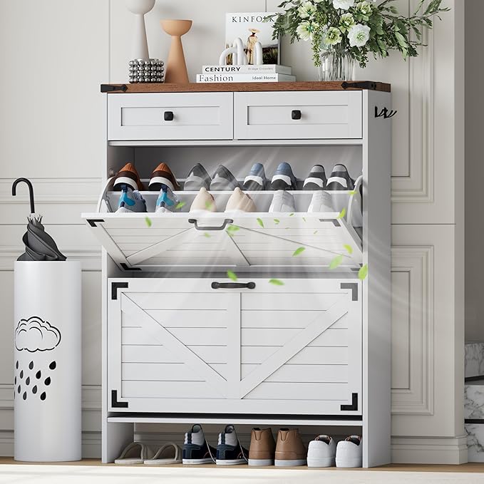 Shoe Storage Cabinet with Deodorizing Function, Farmhouse Narrow Hidden Shoe Rack Organizer Cabinet with 2 Flip Drawers & 2 Storage Drawers for Entryway, Hallway, Living Room, White