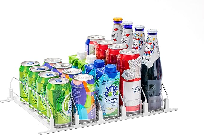 Drink Organizer for Fridge, Self-Pushing Soda Can Organizer for Counter Refrigerator, Width Adjustable Pusher Glide, White, 12”depth-5rows