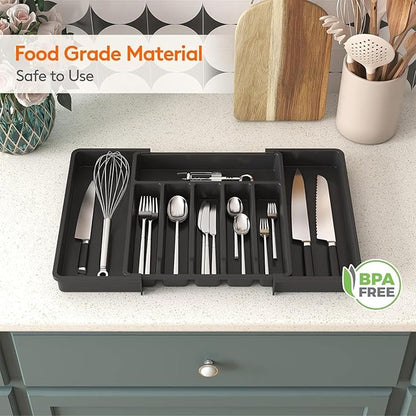 silverware drawer organizer, expandable silverware storage, utensil organizer, durable plastic cutlery storage box for forks, spoons, and knives - kitchen essentials for new home (black)