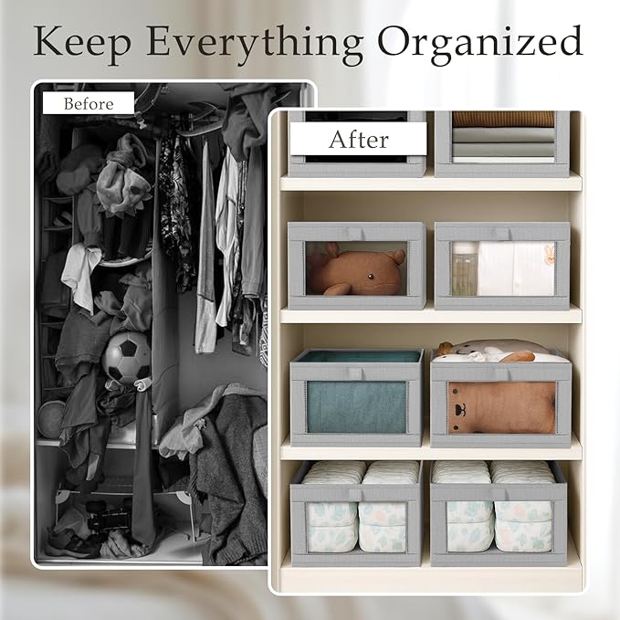 Criusia 4 Pack Linen Closet Organizers and Storage, Closet organizer Large Linen Closet Baskets for Organization, Foldable Storage Containers for Towels, Clothing, Jeans, Books, Shelves,Grey