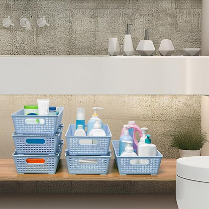 Tiawudi Stackable Woven Plastic Basket, Storage Bins for Cabinet, Closet, Shelf, Under Sink and Countertop, Pantry Organizer Bins, 6 Pack