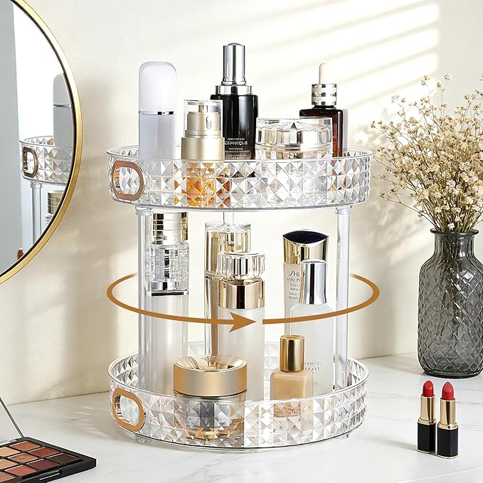 360 Rotating Makeup Organizer, 2 Tier Diamond Pattern Perfume Organizer, 10.6" Large Capacity Skincare Lotion Organizer, Designed for Vanity and Bathroom Countertops, Clear
