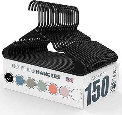 Plastic Hangers 100+ Pack (150 Count) – Made in The USA – 6lb Capacity Standard Clothes Hangers with Notches and Reinforced Edges for Dresses, Lingerie, Shirts, Pants, and Jackets – Black