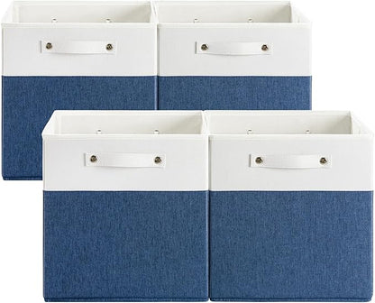 FinishingBo 13 x 13 Inch Fine Linen Storage Bins with Handles，Fabric Cube Boxs，Basket Organizers for Shelves for Home, Closet Drawers (White/Blue-4 Pack)