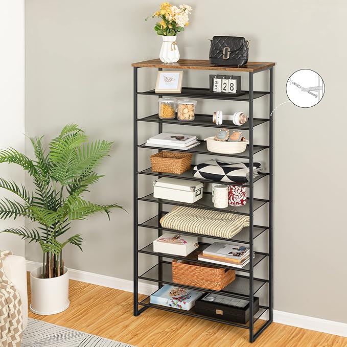 HOOBRO 10-Tier Shoe Rack for Entryway, 29.5" L Shoe Storage Organizer, Large Capacity Shoe Shelf for Closet, Front Door Entrance, Hallway, Holds 36-40 Pairs of Shoes, Rustic Brown and Black BF107XJ01