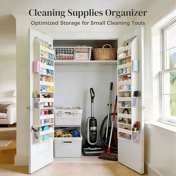 3-Pack Small Over the Door Hanging Organizer, 6 Clear Pockets and 6 Mesh Pockets, 11.8” Wide for Narrow Cabinet Doors, French Doors in the Bathroom, Closet, RV