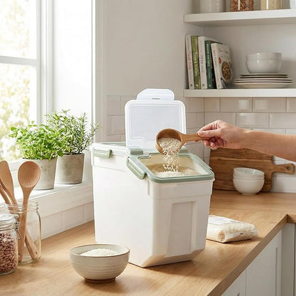 RUIAN Large Airtight Storage Container, 25lb Flour Rice Storage Containers Bin with Wheels Seal Locking Lid, with Measuring Cup&Scoop for Flour, Rice, Grain (Green, 2PCS)