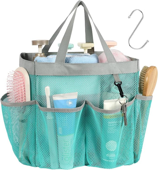 F-color Mesh Shower Caddy Portable, Upgrade Deeper 7 Pockets Shower Bag Basket Bag for College Dorm Room Toiletry Bathroom Essentials Gym Camp Quick Dry 2 handles with S Hook, Mint Green